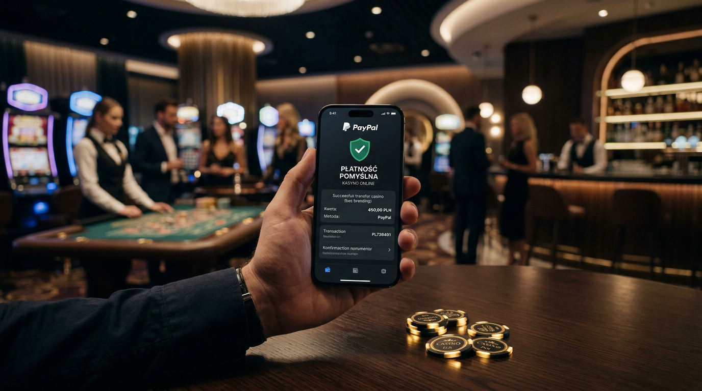 Smartfon z logo PayPal i potwierdzeniem płatności na tle luksusowego kasyna