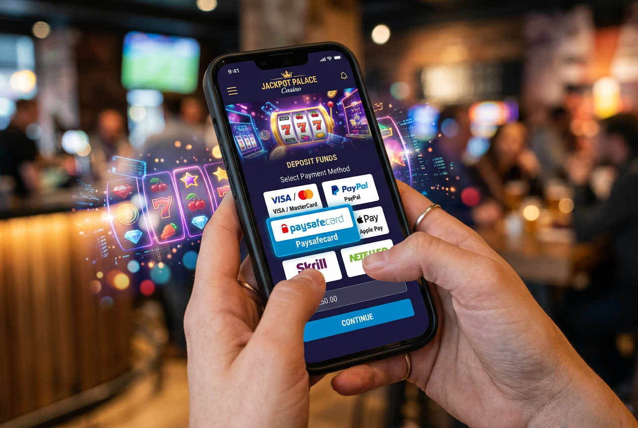 Interfejs płatności mobilnych w kasynie online z wybranym logo Paysafecard
